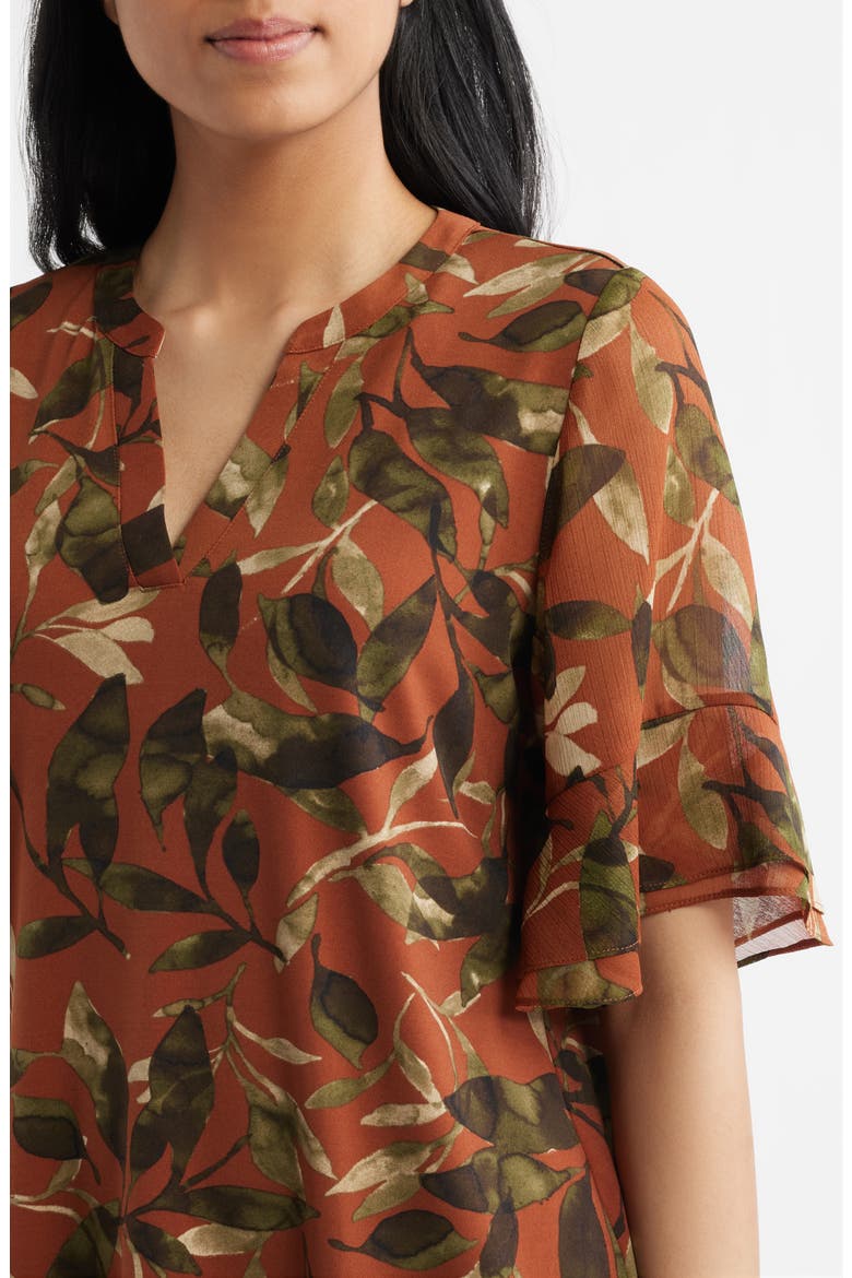 Leaf Print Ruffle Sleeve Shirt, Alternate, color, CEDAR SPC MLT