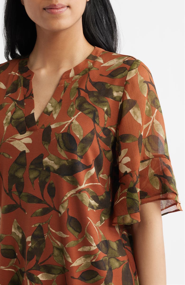 AK ANNE KLEIN Leaf Print Ruffle Sleeve Shirt, Alternate, color, Cedar Spc Mlt