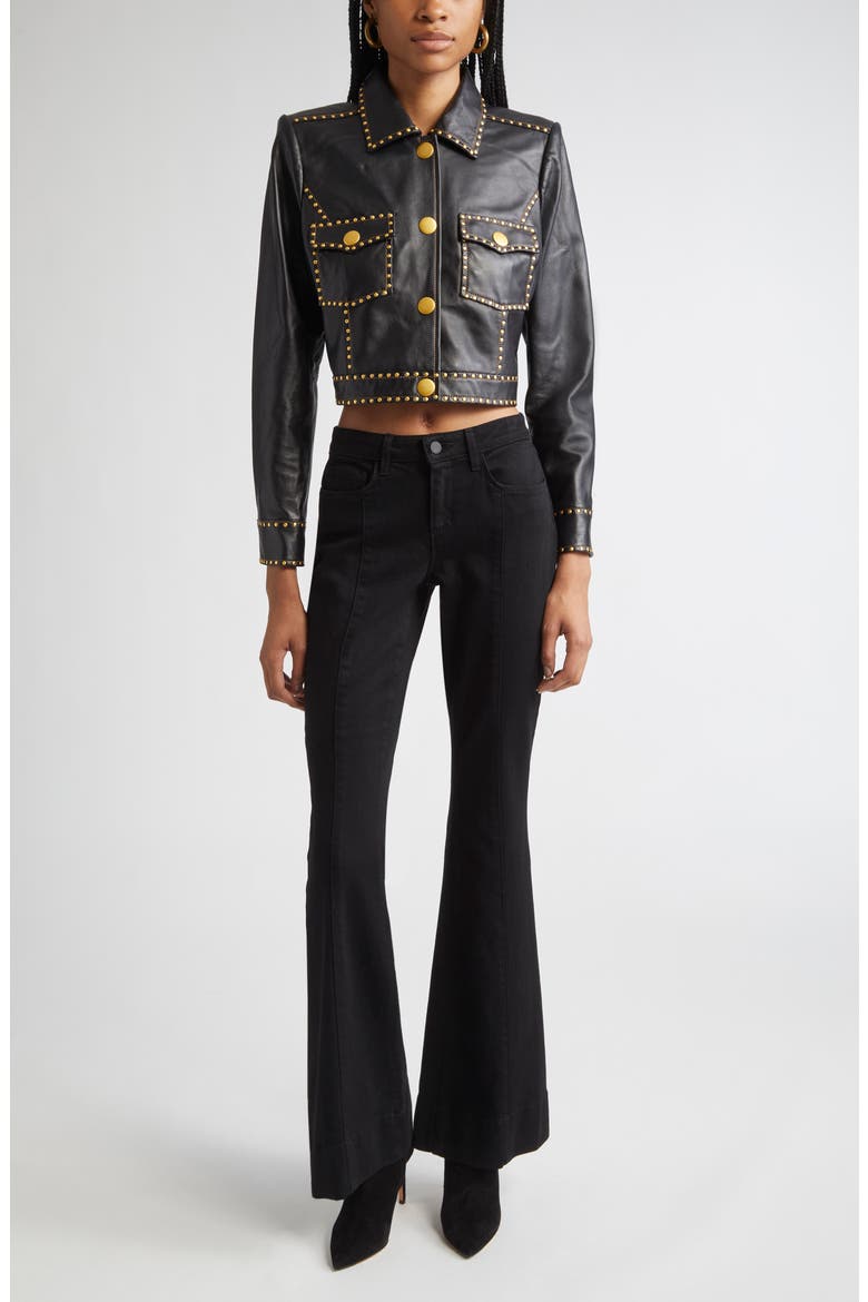 Winsome Studded Crop Leather Jacket, Alternate, color, BLACK