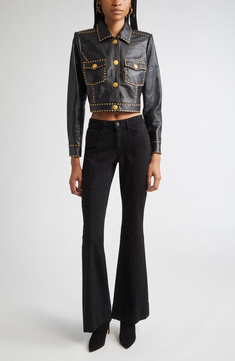 L'AGENCE Winsome Studded Crop Leather Jacket, Alternate, color, Black