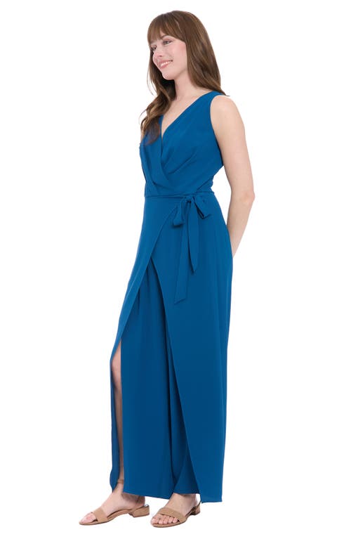 London Times Plus Size Sleeveless Sarong-tie Jumpsuit In Blue