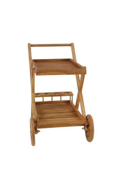 Brown Teakwood Indoor & Outdoor Rolling 2-Shelf Bar Cart