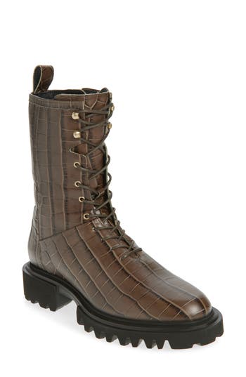 Allsaints Maren Croc Embossed Combat Boot In Brown