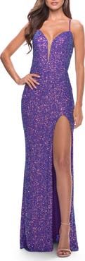 La Femme Stretch Sequin Gown with Deep V Neck and Tie Back in Bright Colors