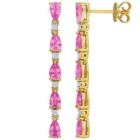 Pink Sapphire & Diamond Linear Drop Earrings 14K