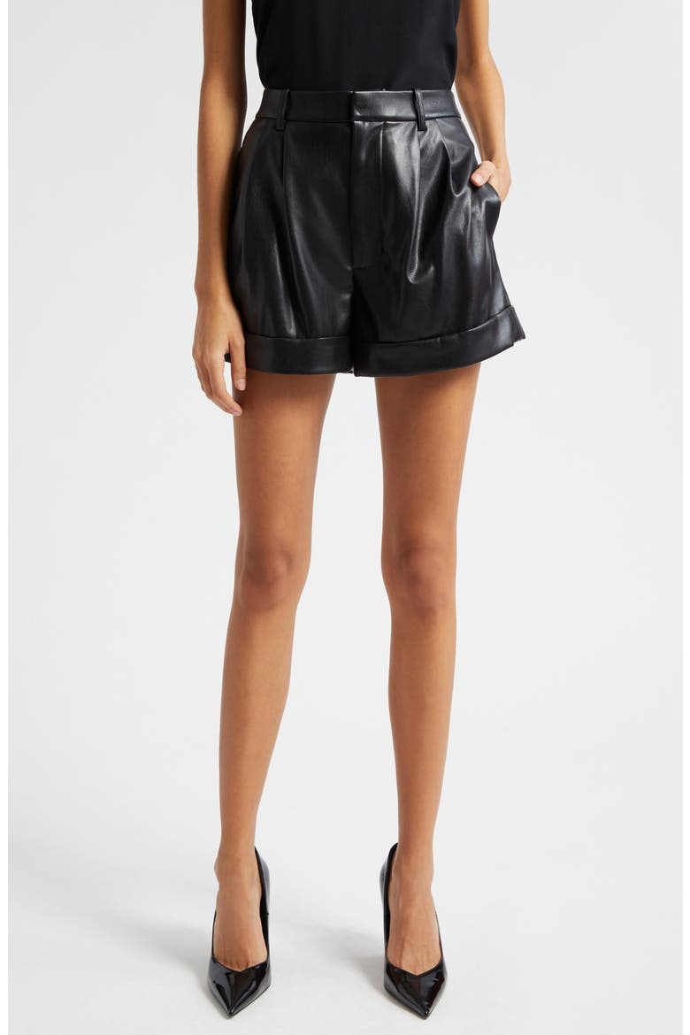 Conry Pleated Cuff Hem Faux Leather Shorts, Main, color, BLACK