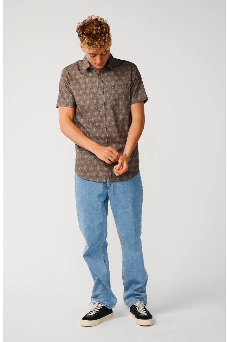 Hypno Sun Medallion Print Short Sleeve Cotton Button-Up Shirt, Alternate, color, WALNUT
