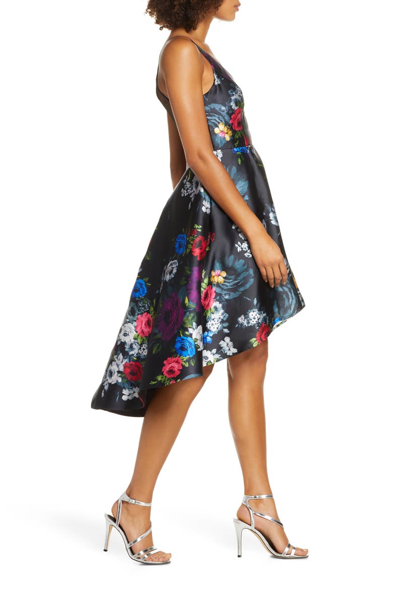 Floral Print High/Low Mikado Cocktail Dress, Alternate, color, BLACK/ MULTI