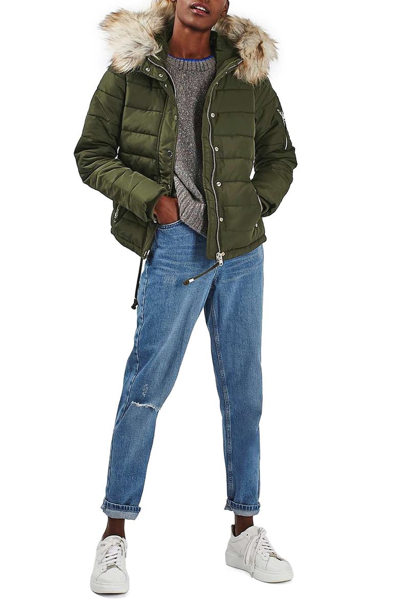 Topshop Woody Faux Fur Hood Puffer Jacket, Alternate, color, 