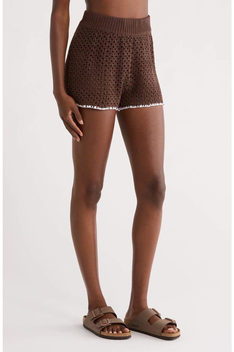 Open Knit Cover-Up Shorts, Alternate, color, BROWN