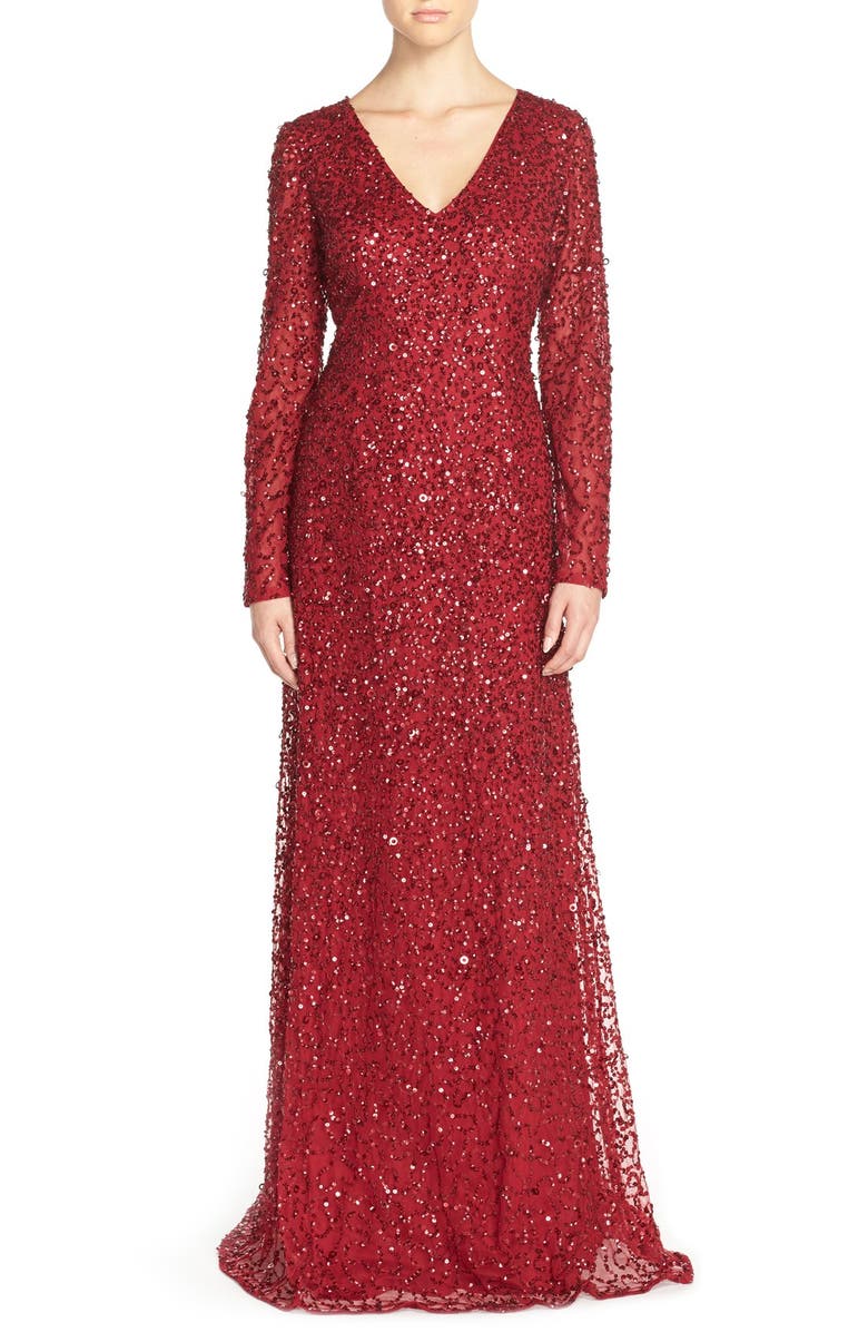 Adrianna Papell Long Sleeve Beaded Evening Gown, Main, color, 