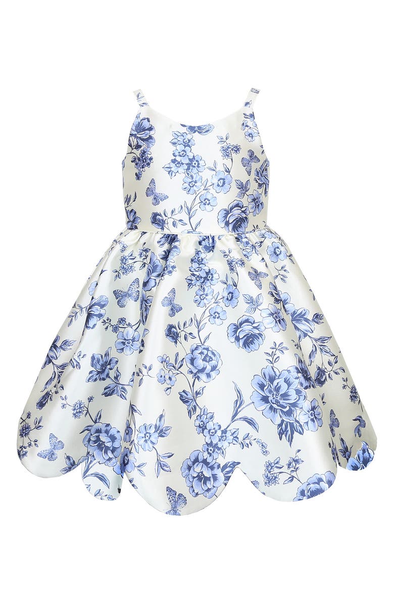 Zunie Kids' Mikado Floral Scallop Hem Dress, Main, color, Blue/ Ivory