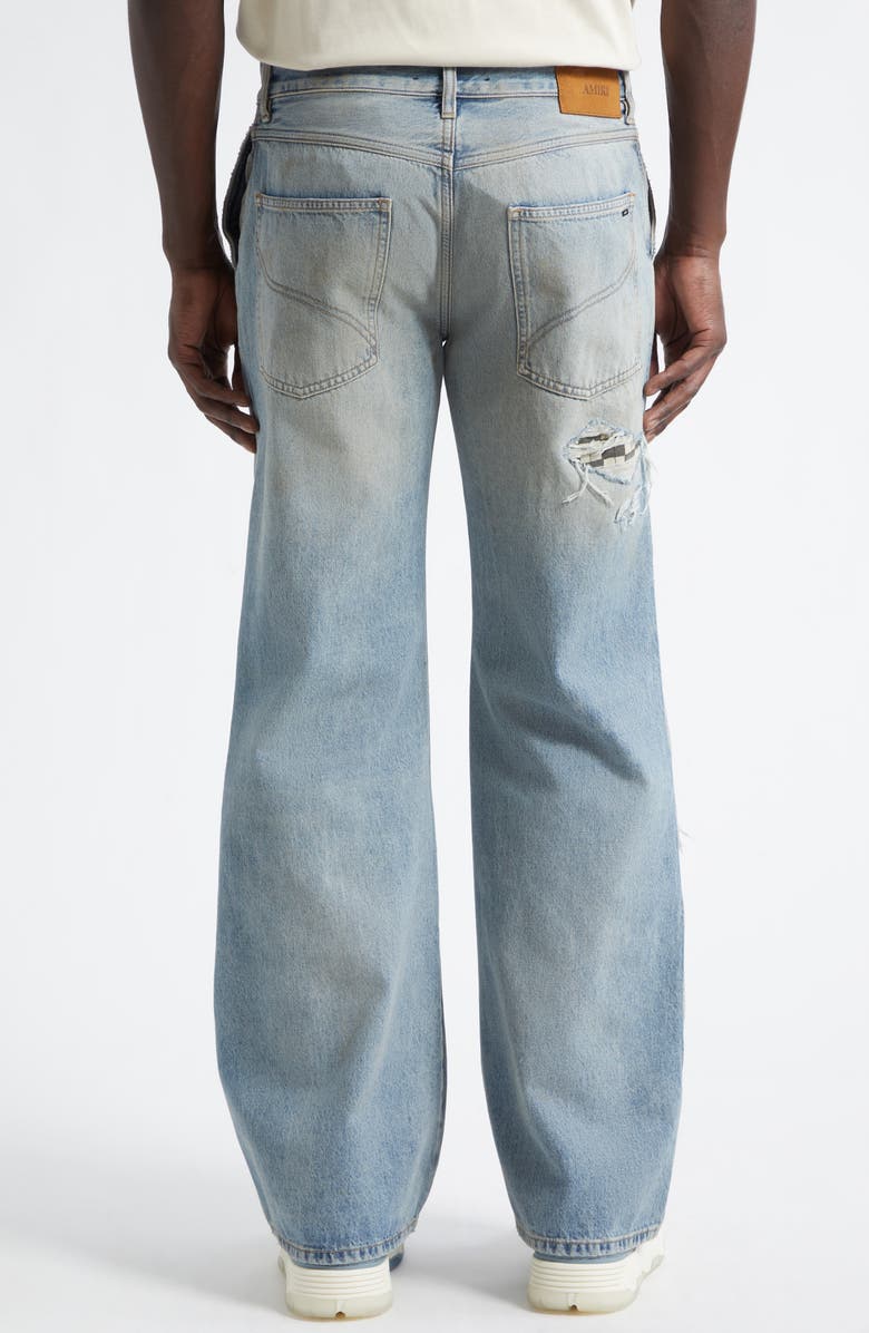 AMIRI Checkered Rip & Repair Bootcut Jeans, Alternate, color, Aged Indigo