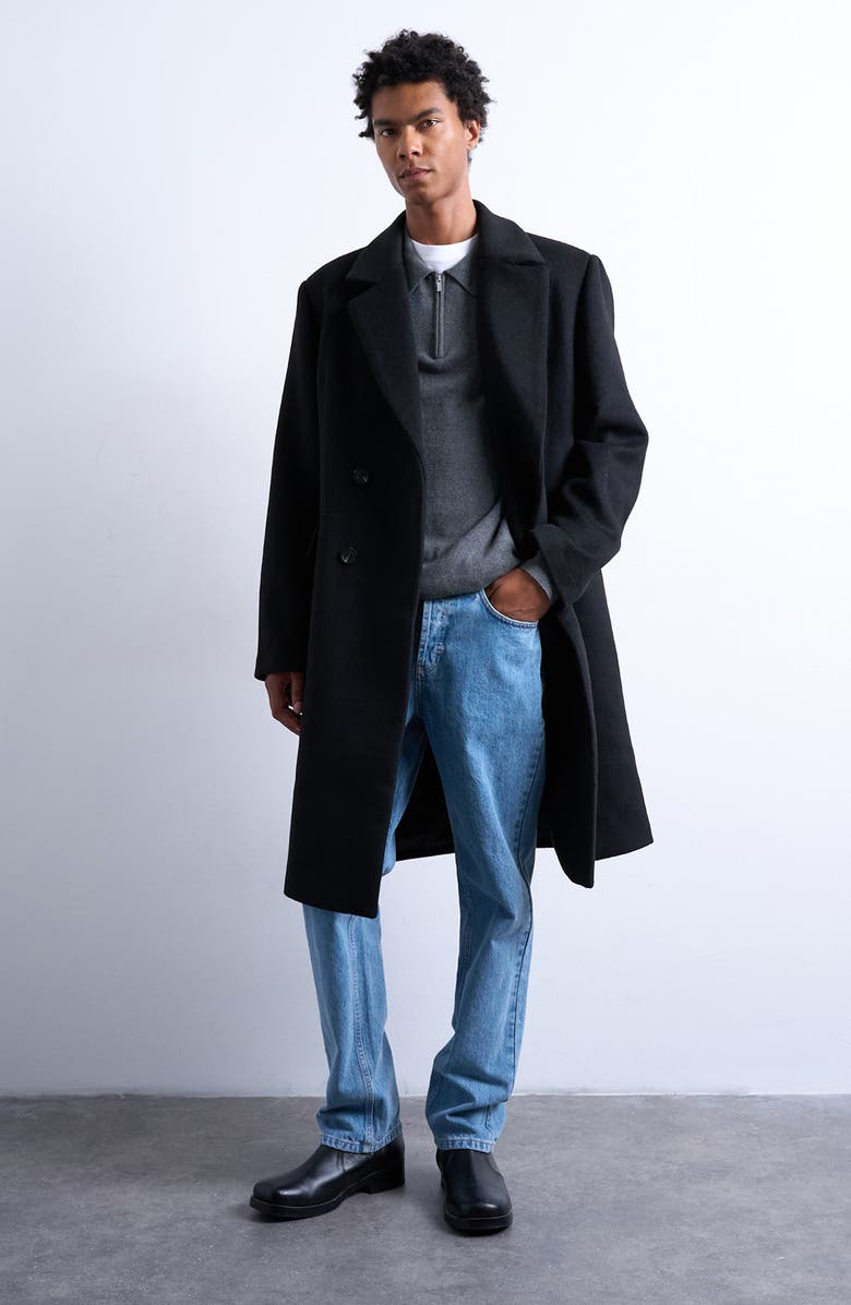 Topman Double Breasted Overcoat, Alternate, color, Black