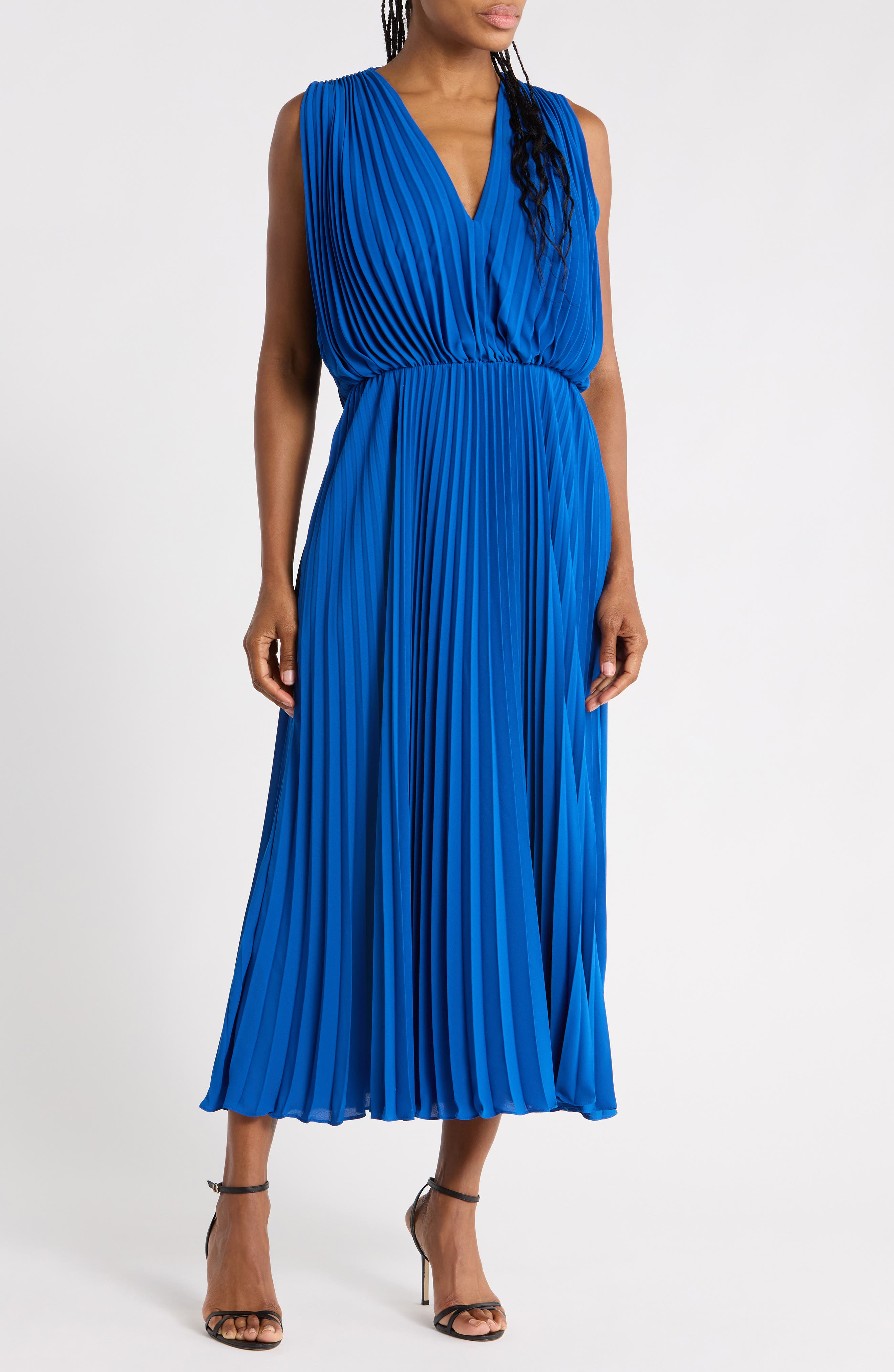 Pleated V-Neck Midi Dress