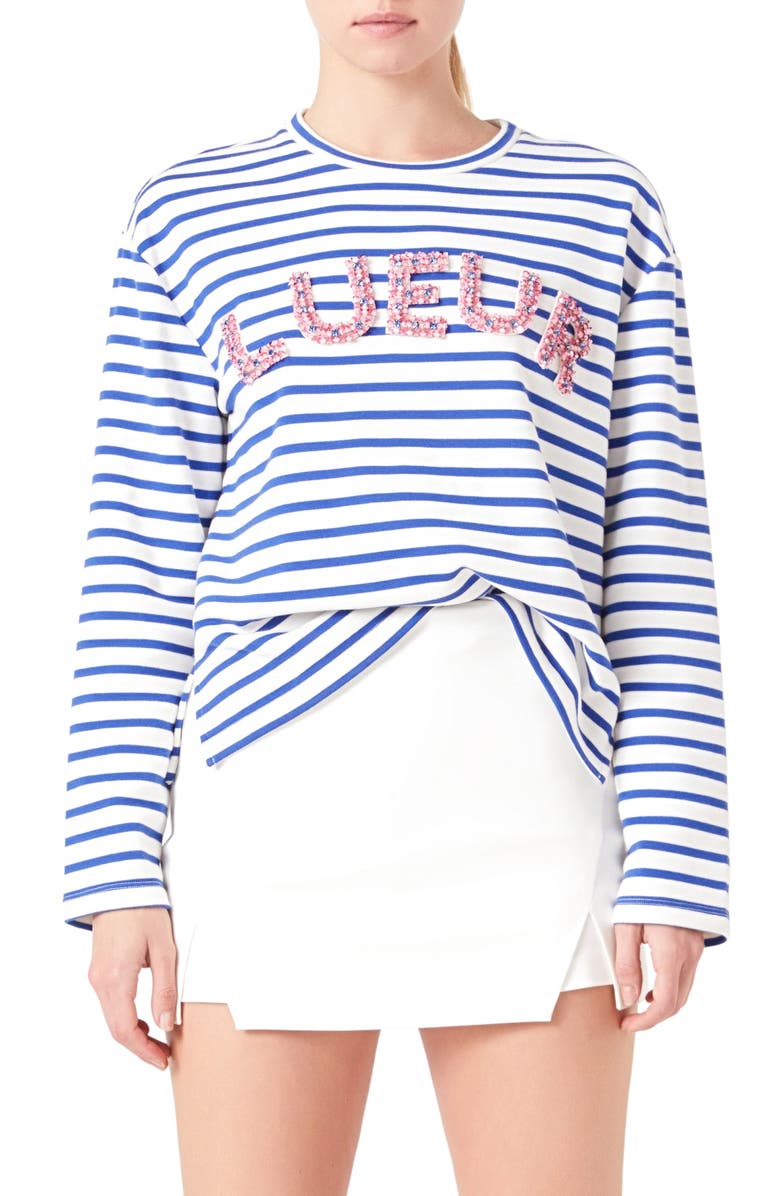 Endless Rose Lueur Stripe Long Sleeve Knit Top, Main, color, White/ Blue