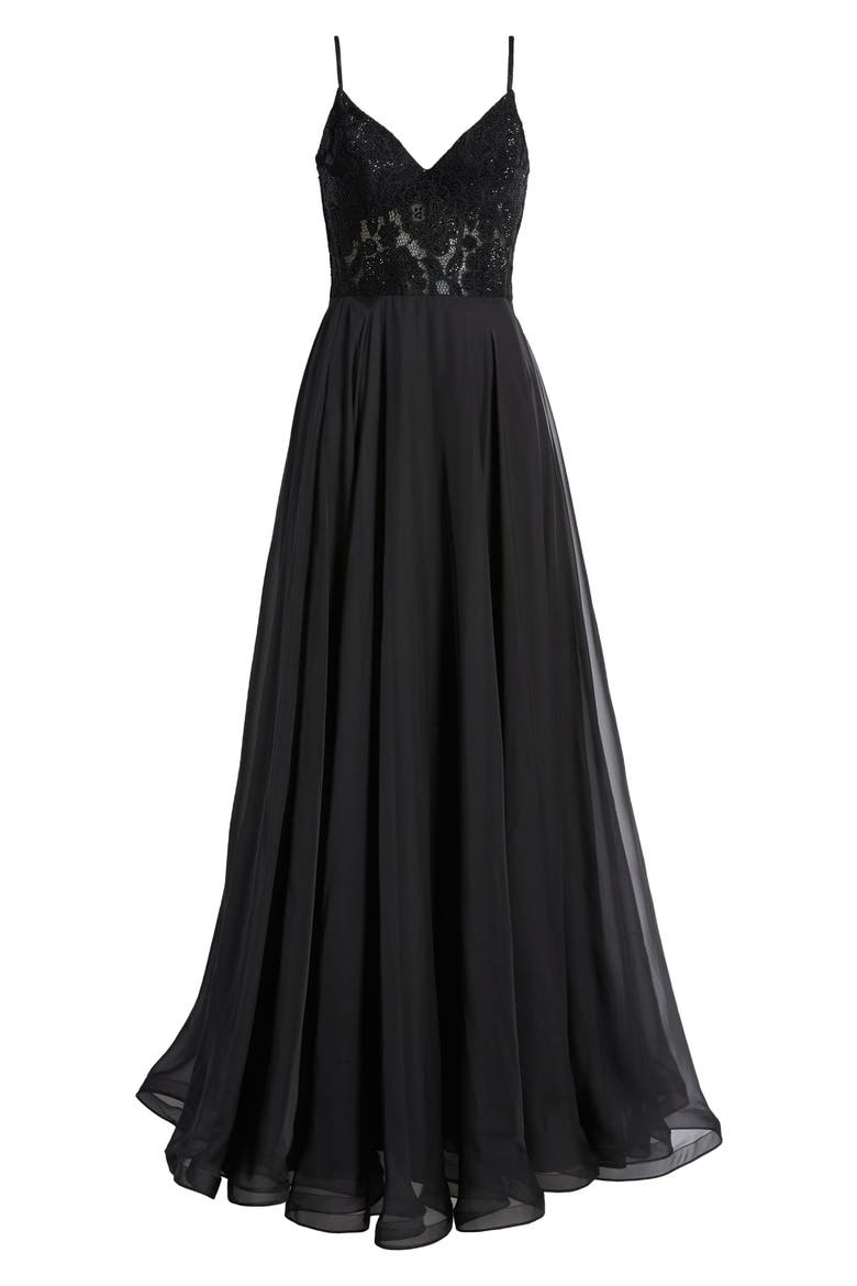 Chiffon Prom Dress with Sheer Floral Lace Bodice, Alternate, color, BLACK