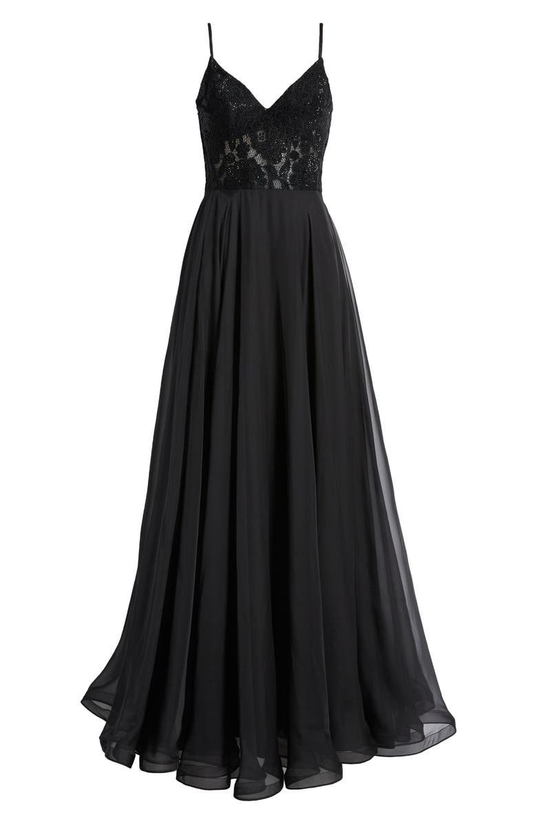 La Femme Sparkle Lace Chiffon Gown, Alternate, color, 