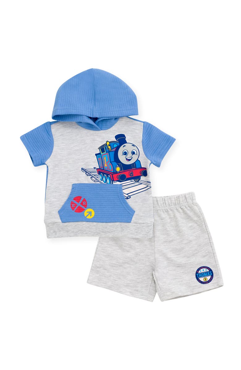 THOMAS & FRIENDS Short Sleeve Hoodie & Shorts Set, Main, color, Light Blue / Oatmeal Heather