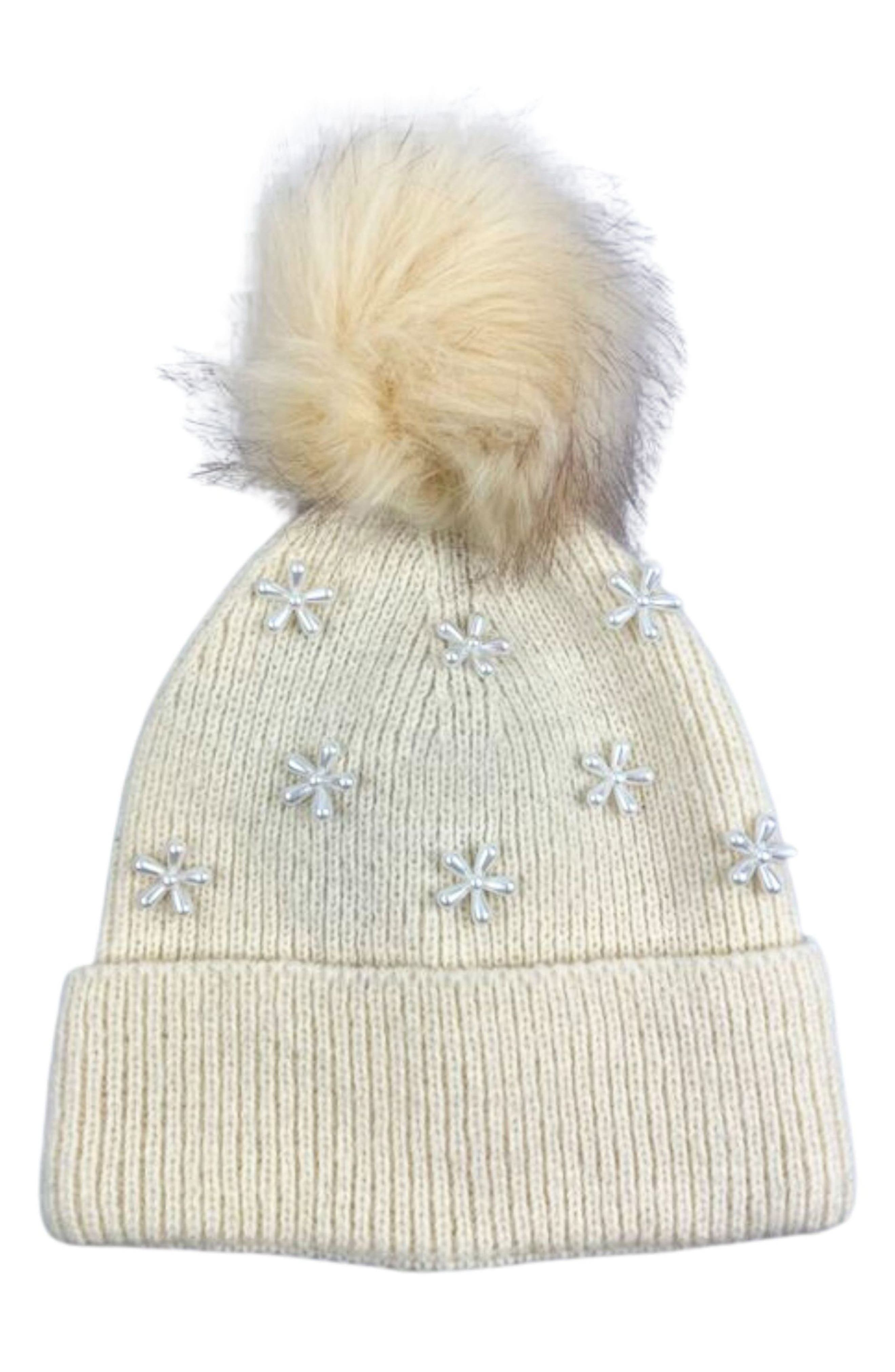 MARCUS ADLER Pearl Flower Faux Fur Pompom Beanie
