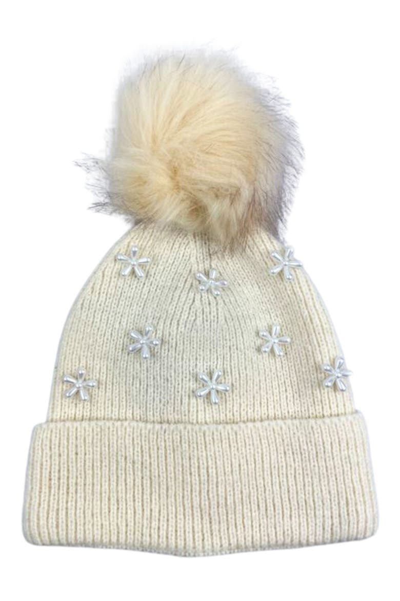 Pearl Flower Faux Fur Pompom Beanie, Main, color, IVORY