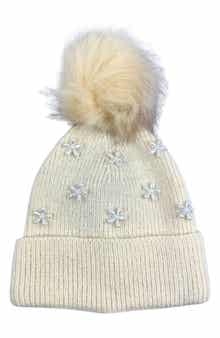 MARCUS ADLER Pearl Flower Faux Fur Pompom Beanie