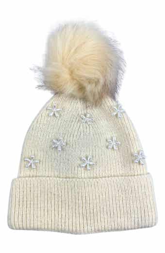 Pearl Flower Faux Fur Pompom Beanie