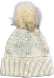 MARCUS ADLER Pearl Flower Faux Fur Pompom Beanie