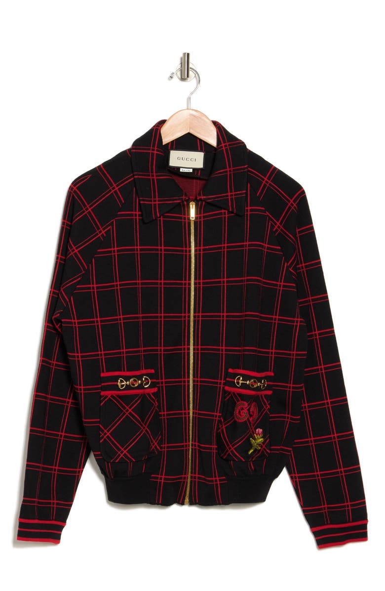 Gucci Jacquard Plaid Wool Bomber Jacket, Alternate, color, Black Red