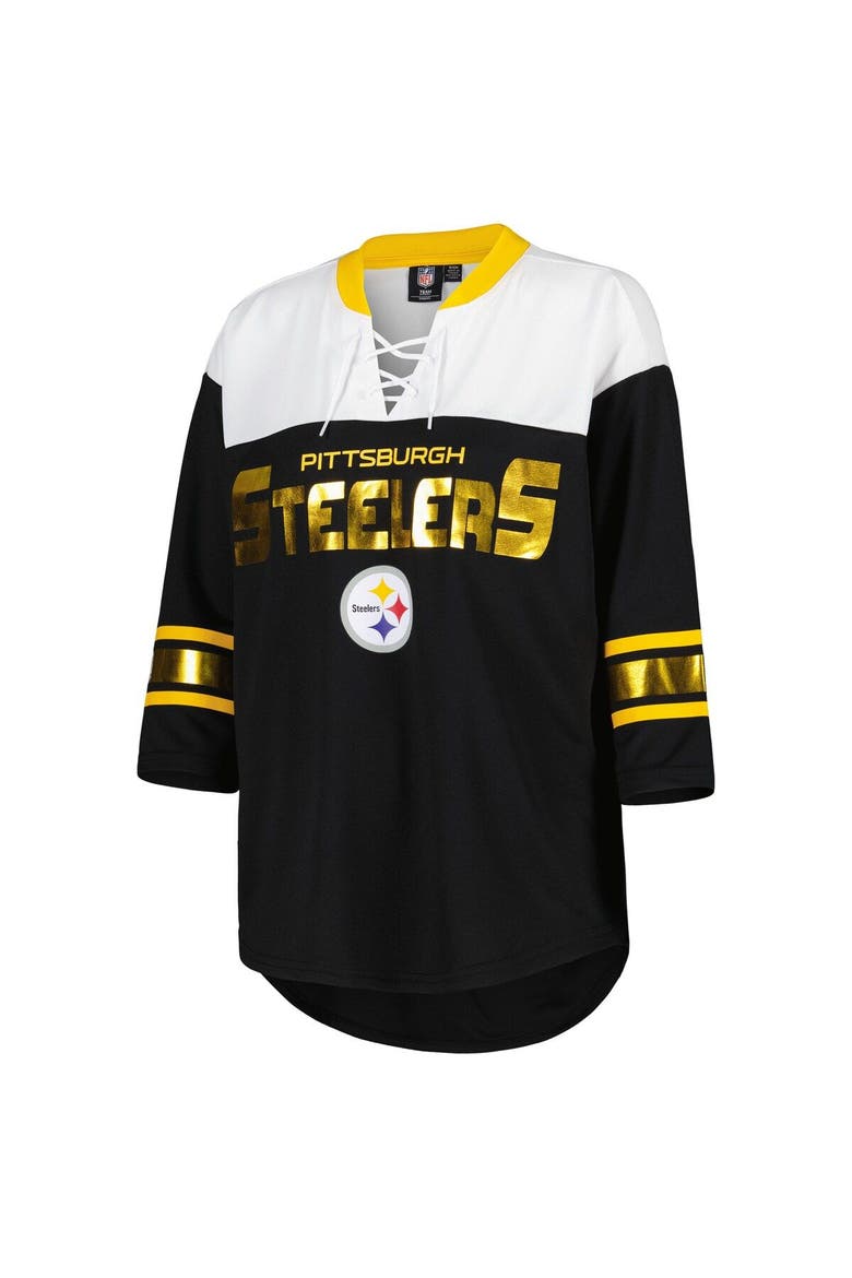 Women's G-III 4Her by Carl Banks Black/White Pittsburgh Steelers Double Team 3/4-Sleeve Lace-Up T-Shirt, Alternate, color, Black