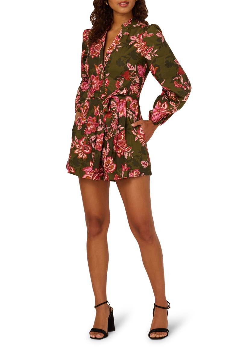 Print Tie Waist Romper, Main, color, OLIVE MULTI