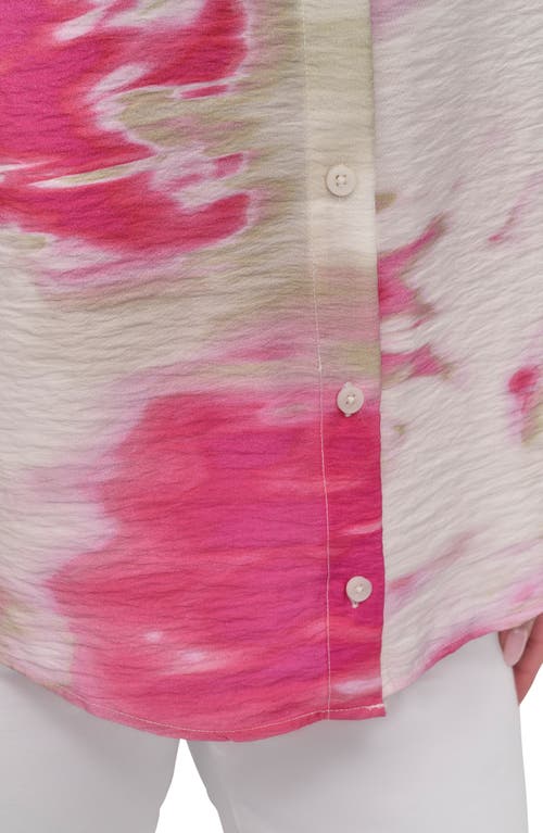 Dkny Abstract Print Textured Short Sleeve Button-up Shirt In Pink