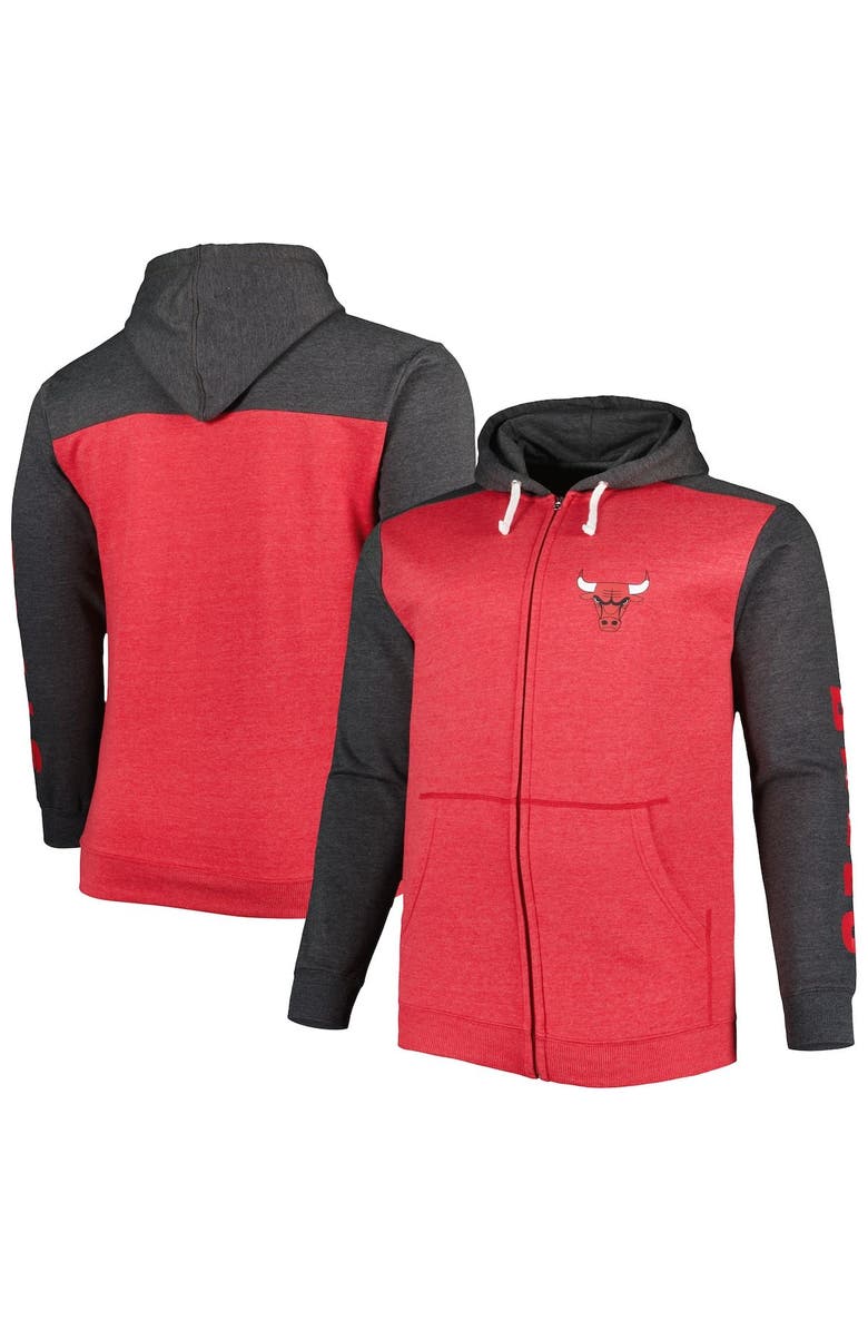 FANATICS Men's Fanatics Branded Heathered Red/Heathered Black Chicago Bulls Big & Tall Down and Distance Full-Zip Hoodie, Main, color, Heather Red
