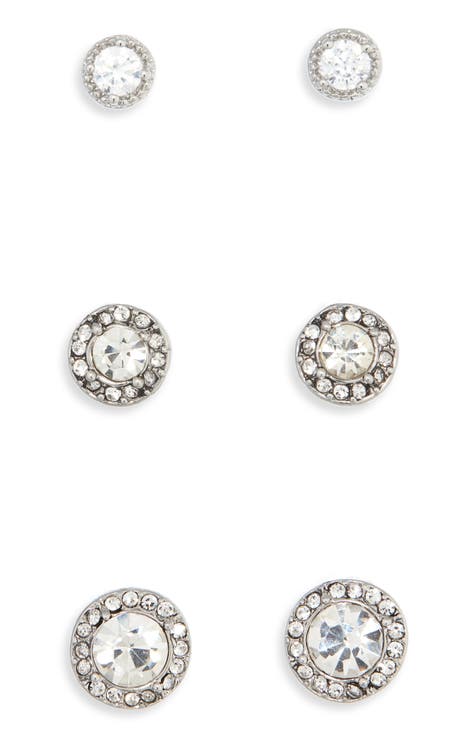 Set Of 3 Round Pavé Halo Cubic Zirconia Stud Earrings