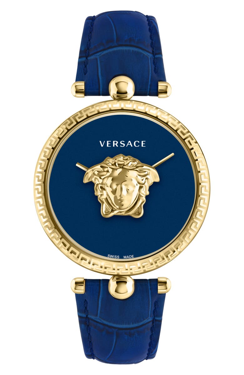 Versace Palazzo Empire Two Hand Quartz Leather Strap Watch, 39mm, Main, color, Gold