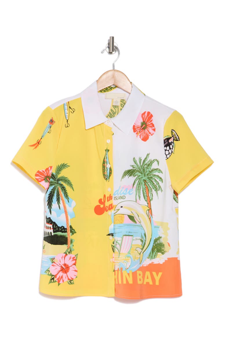 Delano Colorblock Print Short Sleeve Button-Up Shirt, Alternate, color, MERMAID BAY/ PARADISE BAY