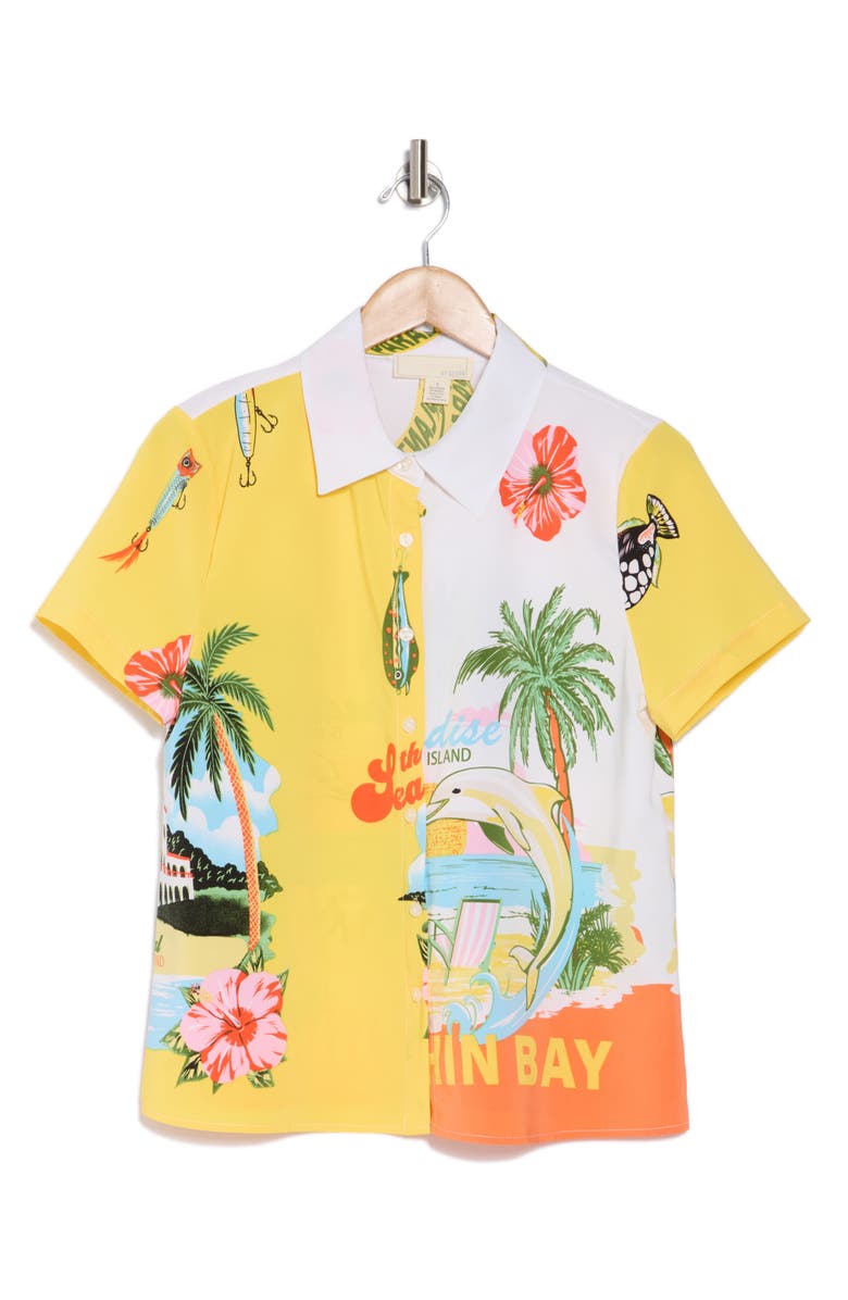 BY DESIGN Delano Colorblock Print Short Sleeve Button-Up Shirt, Alternate, color, Mermaid Bay/ Paradise Bay