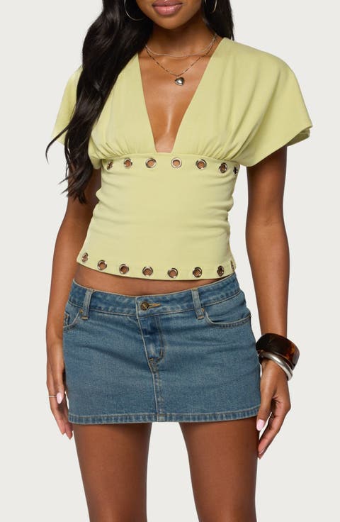 Grommet Flutter Plunge Neck Top