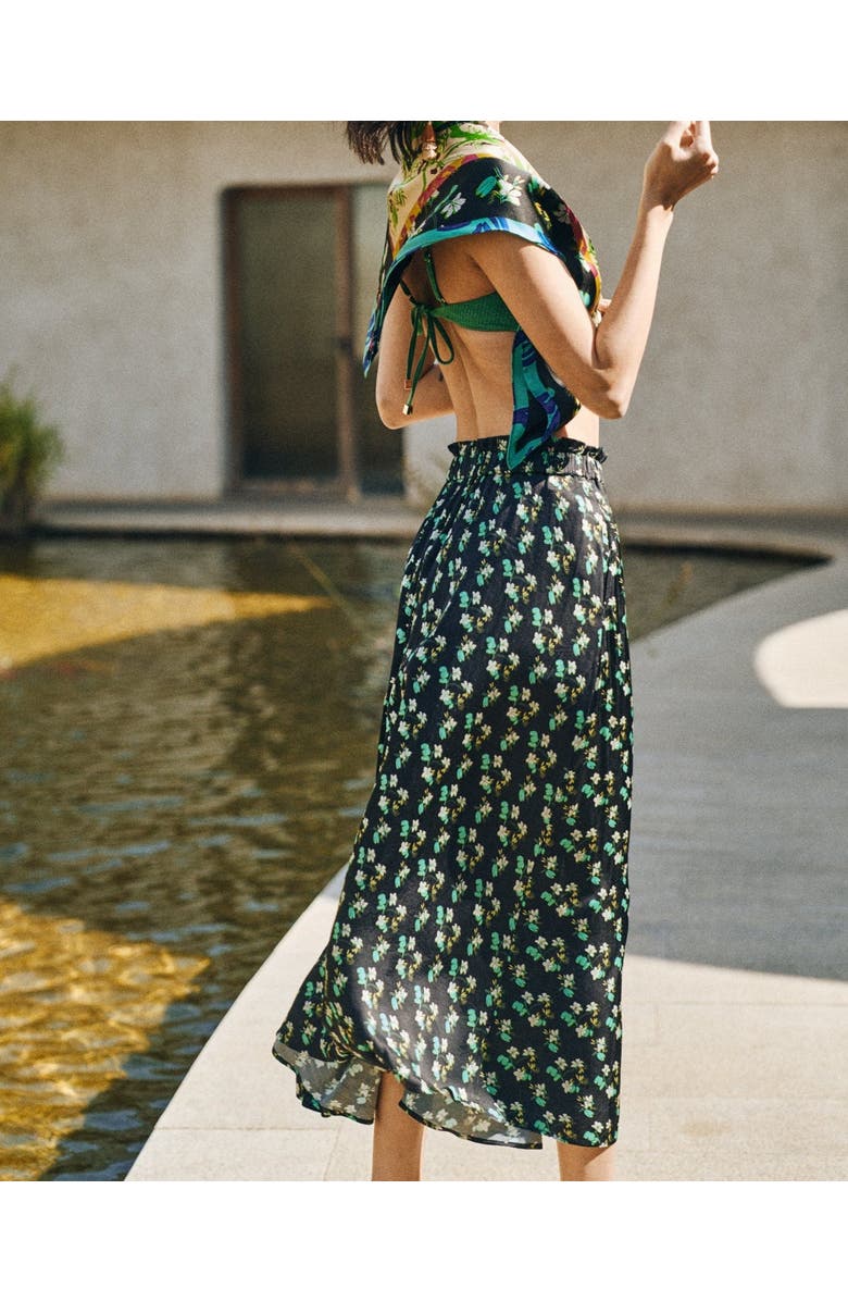 Lost Pattern NYC "Beach Blossom" Satin Midi Skirt, Alternate, color, Black