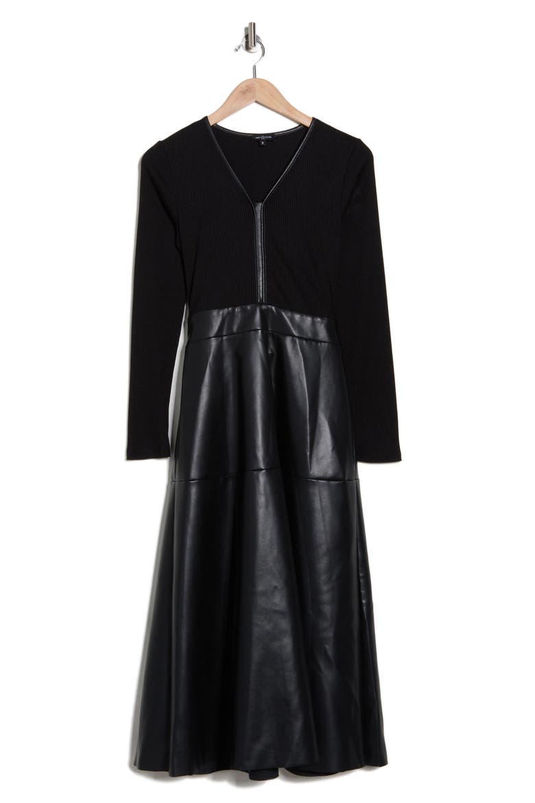Thea Mixed Media Midi Dress, Alternate, color, BLACK
