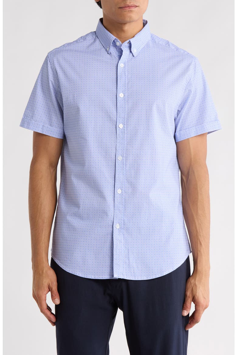Gingham Print Short Sleeve Button-Down Shirt, Main, color, WHITE
