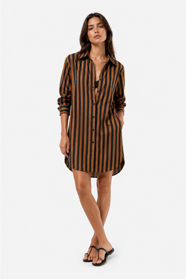 Kena Poplin Dress, Alternate, color, Black/Tan Stripe