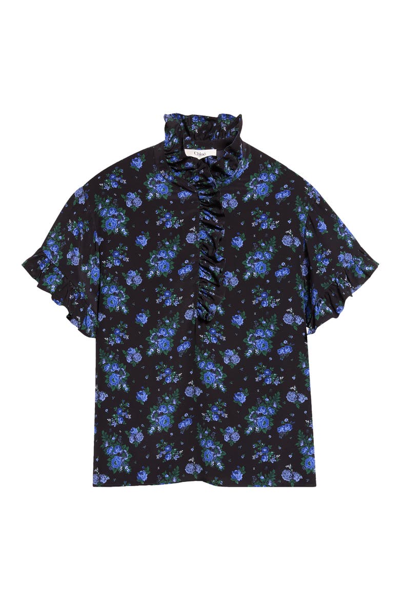 Folk Print Silk Crêpe de Chine Top, Alternate, color, BLACK - BLUE