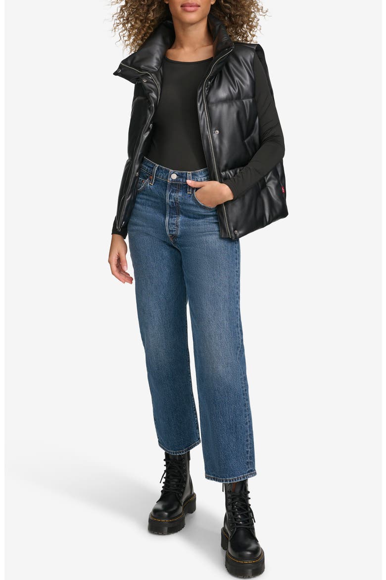 Faux Leather Puffer Vest, Alternate, color, BLACK
