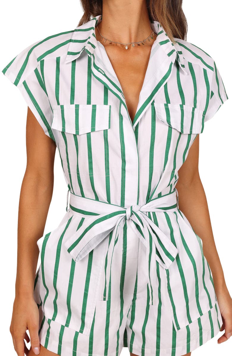 Petal & Pup Addie Stripe Cotton Romper, Alternate, color, White/ Green