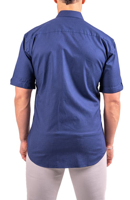 Maceoo Galileo Resistance0143 Blue Geo Jacquard Short Sleeve Cotton Button-up Shirt