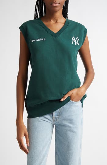Sporty And Rich Sporty & Rich Yankees Embroidered Cotton Fleece Vest In Forest