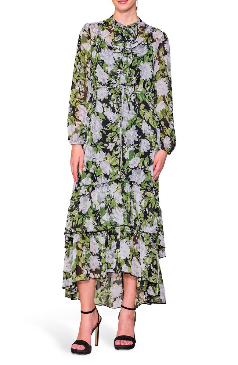 MELLODAY Long Sleeve Ruffle Chiffon Dress, Main, color, Black Green Multi