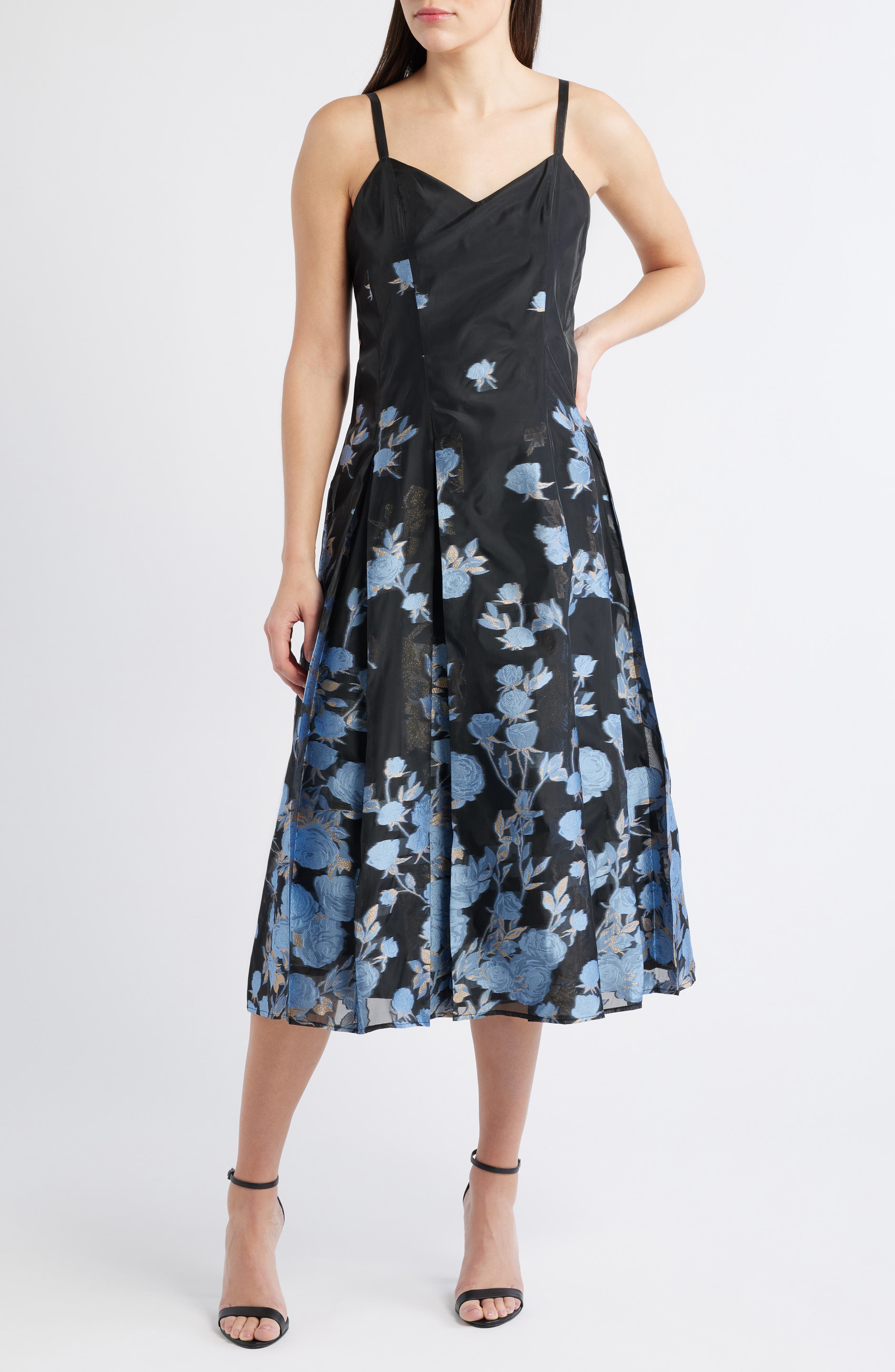 CeCe Metallic Floral Pleated Cocktail Dress