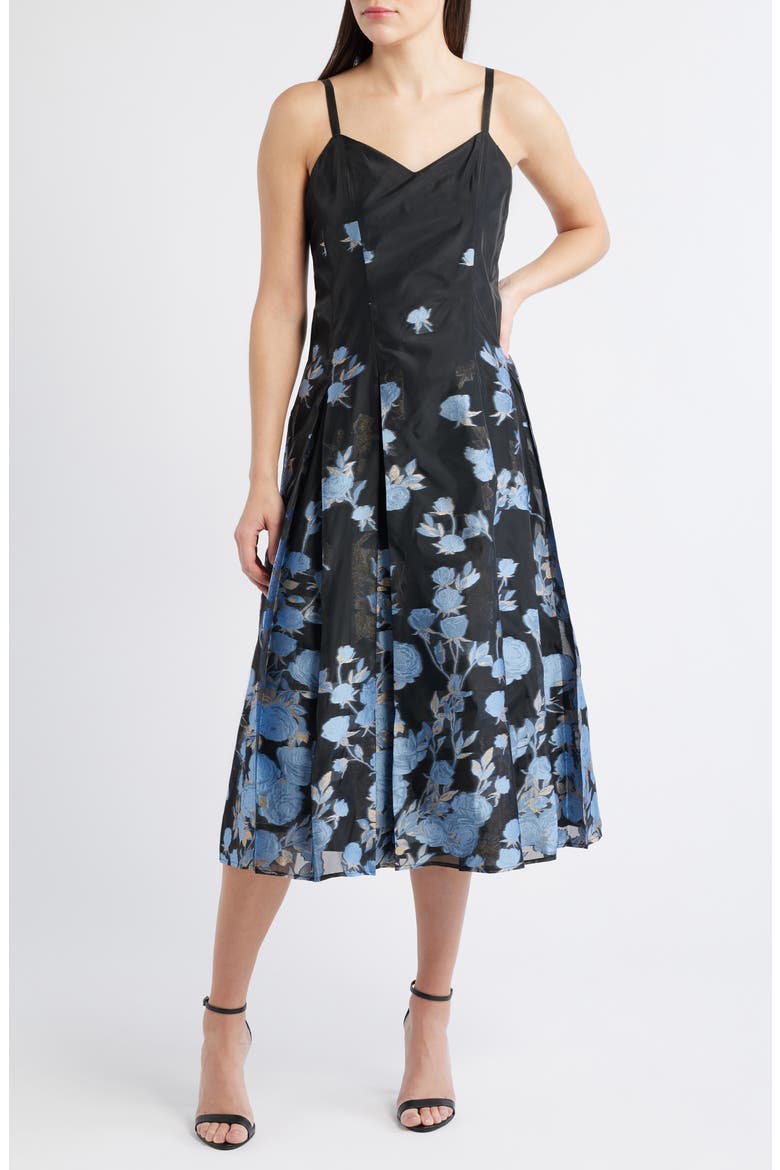Metallic Floral Pleated Cocktail Dress, Main, color, RICH BLACK